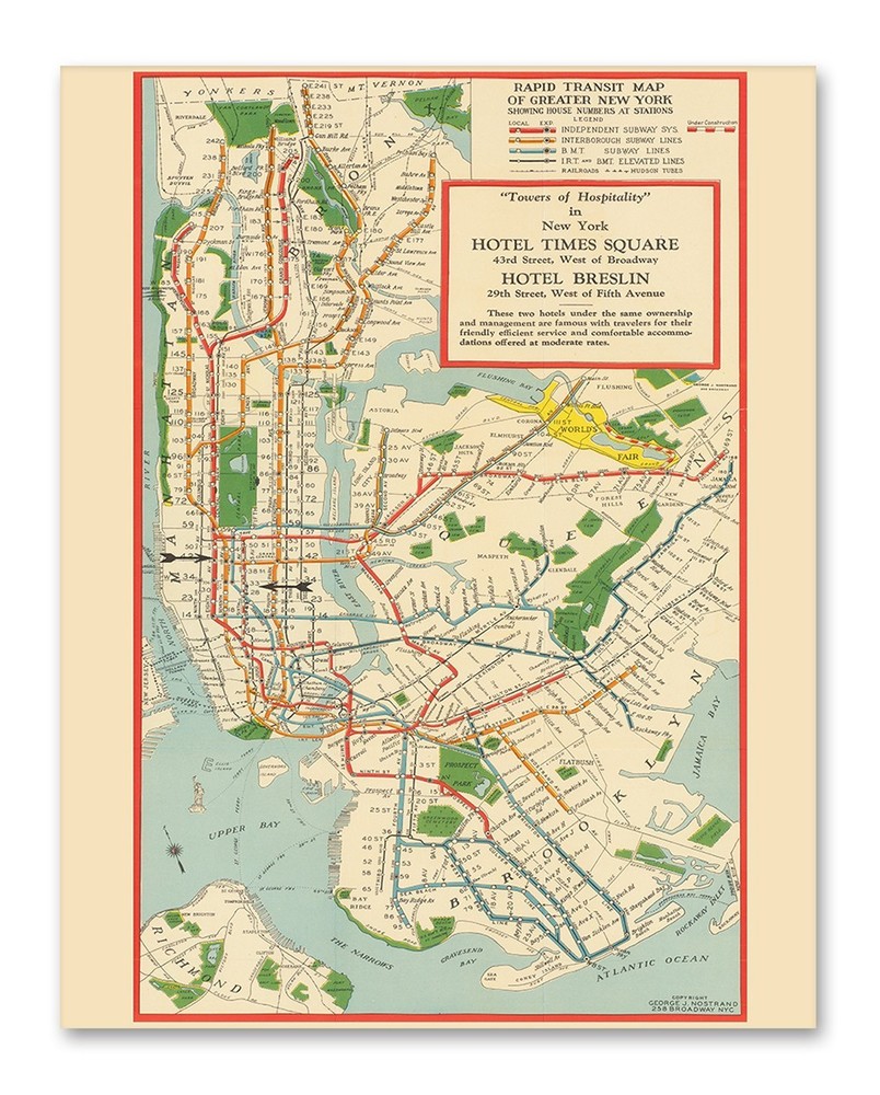 Rapid Transit Map of Greater New York Vintage Subway Rail Map Wall Art