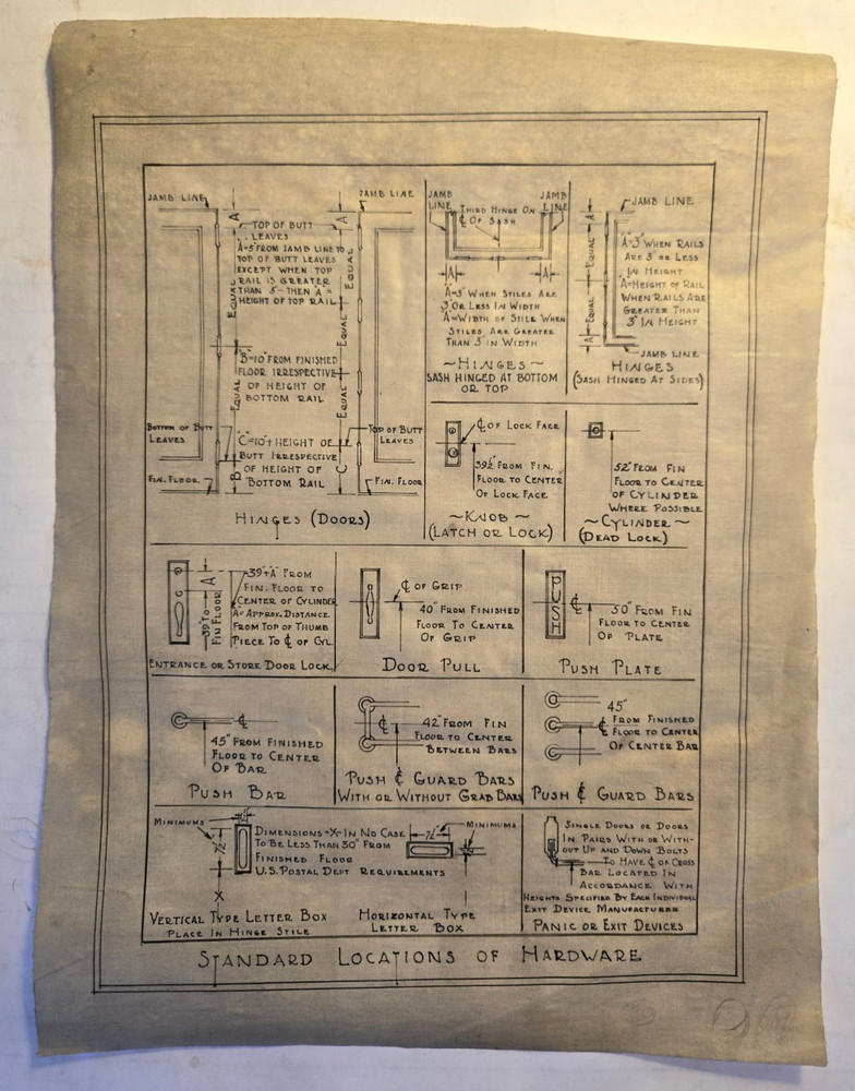 Vintage Architectural Drawing of Door Hardware Locations