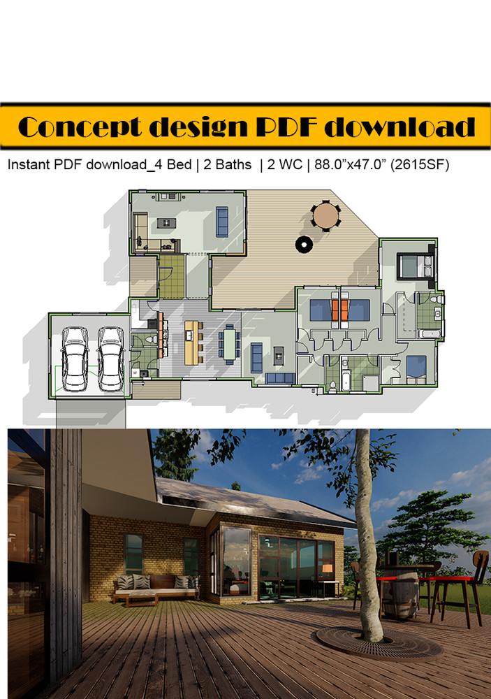4 Bedroom Floor Plan: 2165 SF, 2 Bath, 2 Car Garage (Digital Download)