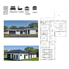 Small Modern 3 Bedroom 1.5 Bathroom House Floor Plan Blueprints, 886SQFT/82.3m2