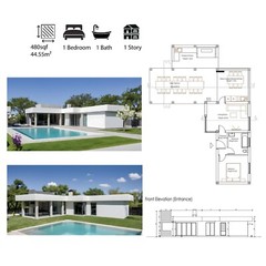 Tiny Modern 1Bedroom1Bathroom Small House Floor Plan with Flat Roof 480sqft/45m2