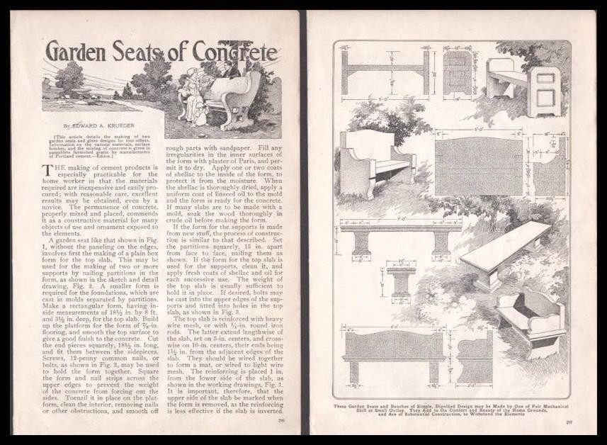 “Concrete Garden Furniture” 1921 vintage HowTo PLANS Patio Benches~Planters~Urns