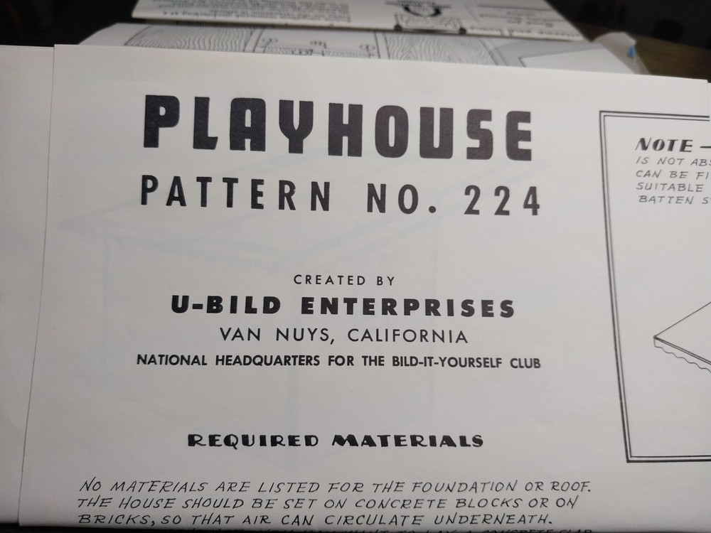 Vintage U-Bild Enterprises Playhouse Woodworking Plan Pattern No. 224