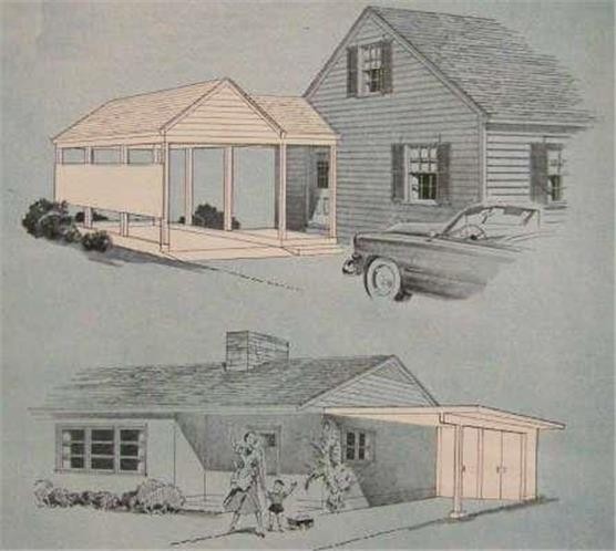 2 Carport Designs 1951 How-to Build PLANS Car Port / Garage