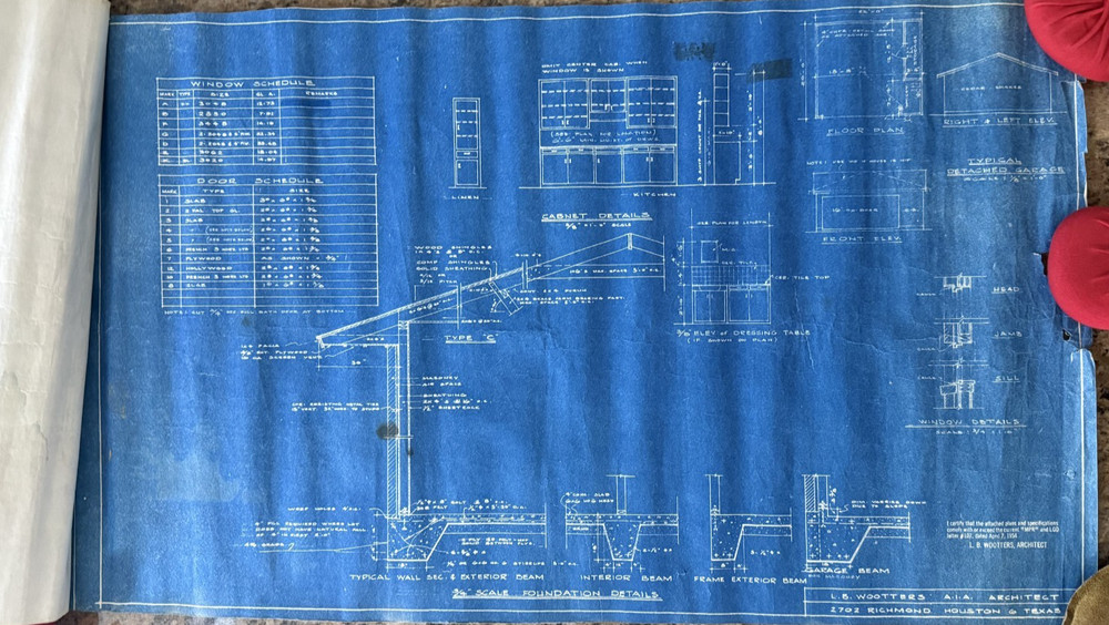 Lot of 3 1954 Architectural Blueprints L.B. Wootters Architects Houston Texas
