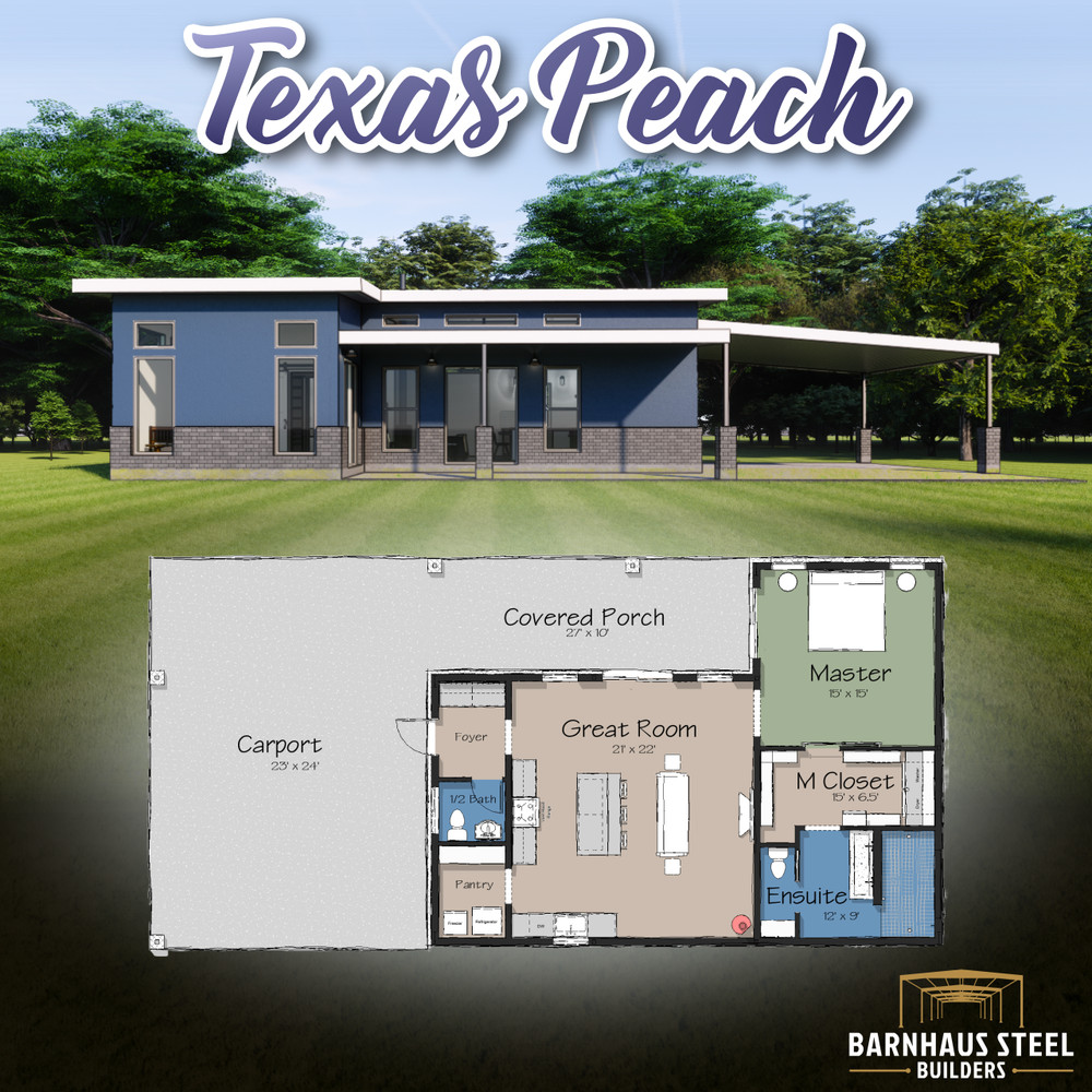 Texas Peach Modern Barndominium: 1 Bedroom / 1. Baths 1,182 SF Design Blueprints