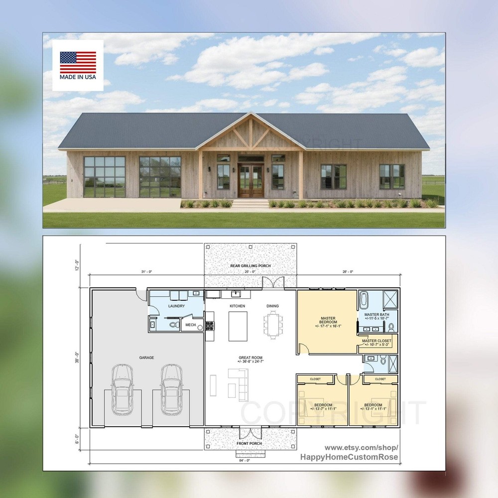 White Oak Modern Custom Barndominium – 84′ x 38′ House Plan Design – 3 Bed 2.5 B