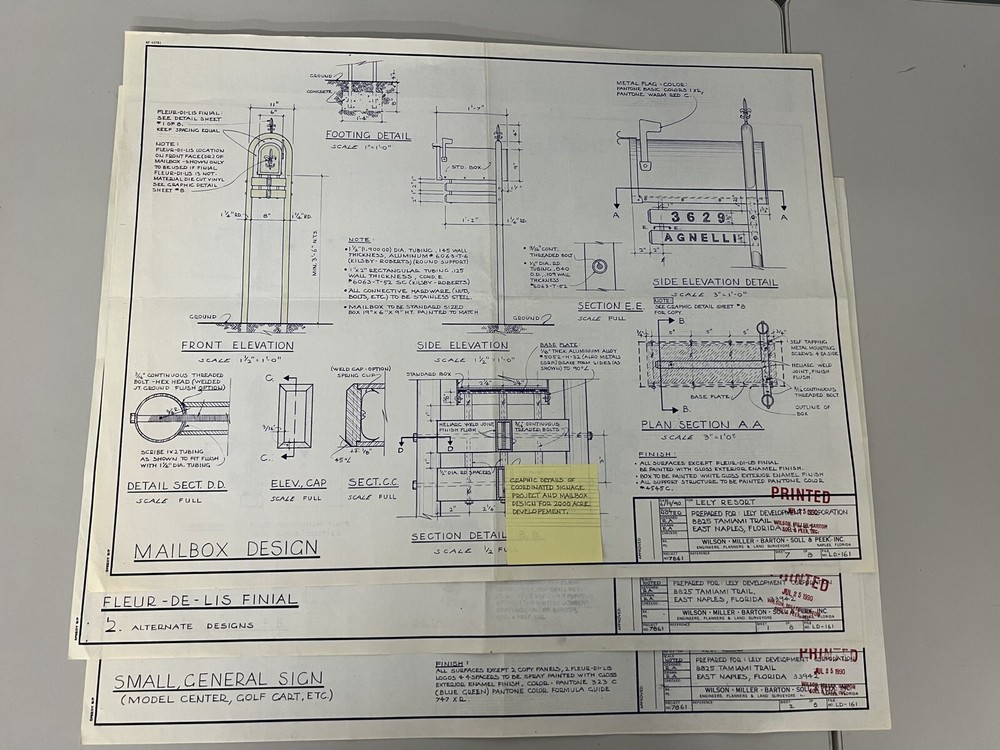 Vintage Lot of 3 Blueprints for Lely Resort East Naples Florida architecture