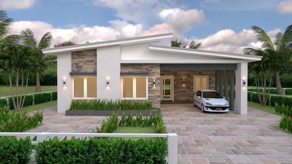 House Plans 12×11 Meter 39×36 Feet 3 Beds 2 Baths Shed Roof (A4 Hard Copy)