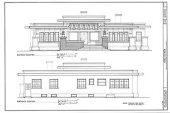 Prairie Style single story home, broad overhangs, leaded glass, printed plans