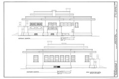 Prairie Style single story home, broad overhangs, leaded glass, printed plans