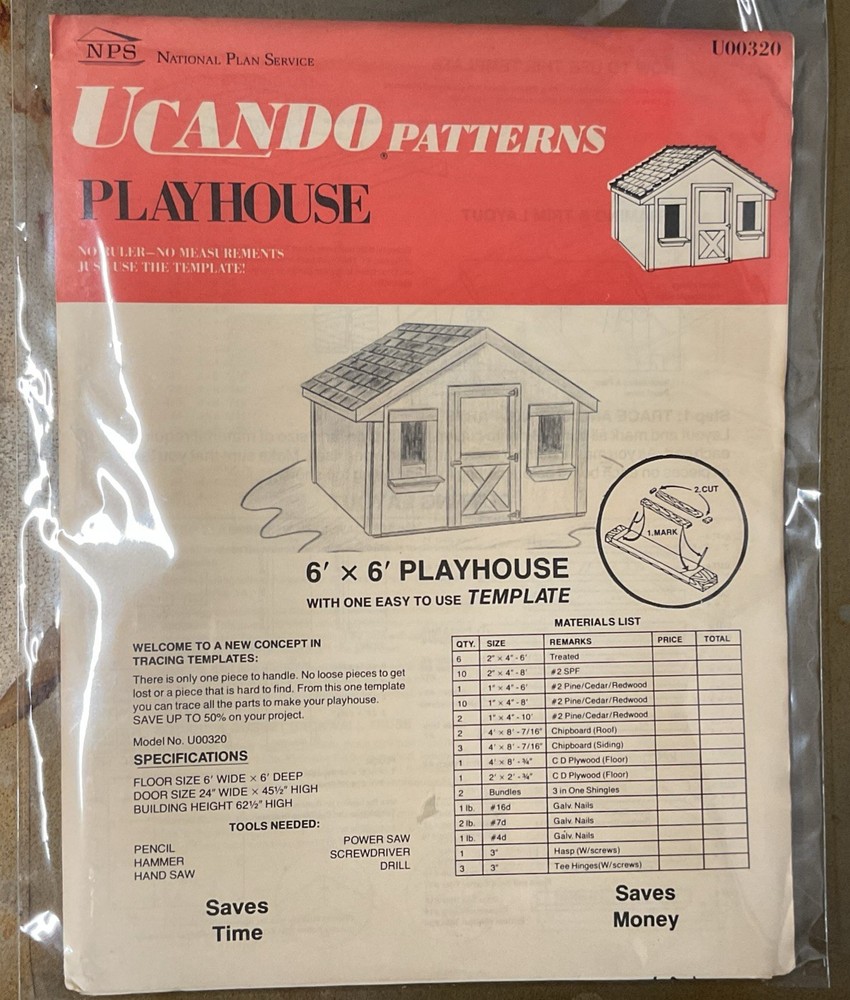 UCANDO U00320 6’X6’ Playhouse Plans Rebagged With Material List NOS W/Templete