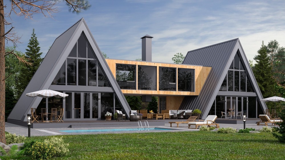 86’x45’ 6 Beds, 4 Baths Double A-Frame House Architecture Build Plans PDF.