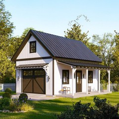 One Car Garage Plans with Loft & Covered Porch/Workshop Shed Blueprints