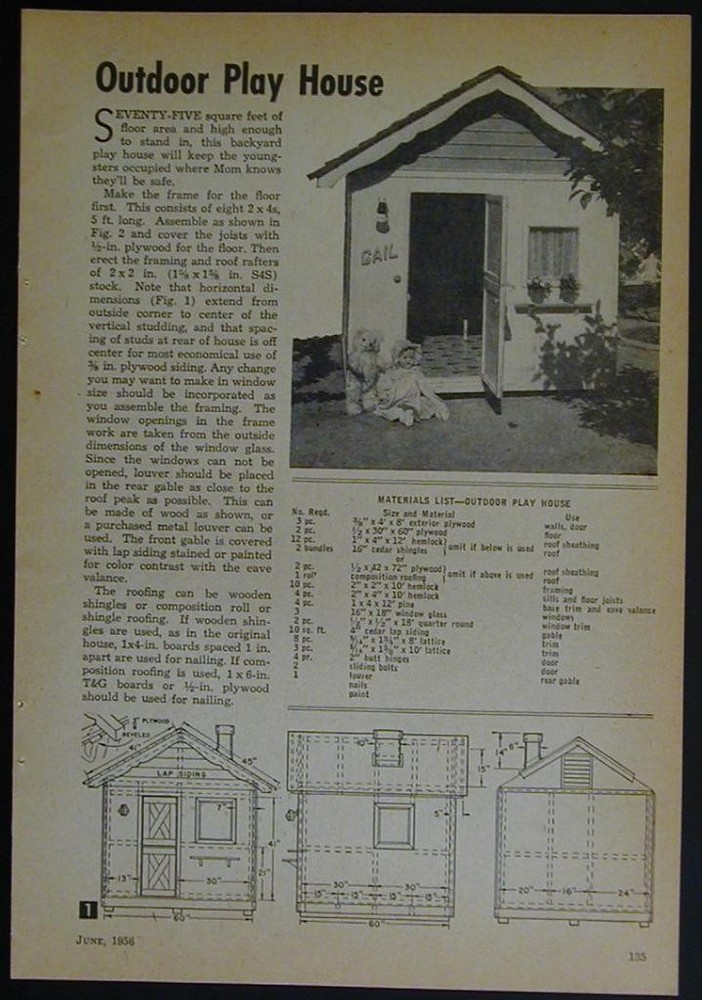 Playhouse PLAY HOUSE 1956 How-To Build PLANS 5’x5′ plywood