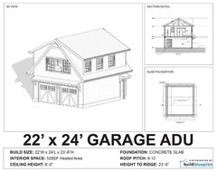 22′ x 24′ Two Car ADU Garage Loft Architectural Plans – PDF Download