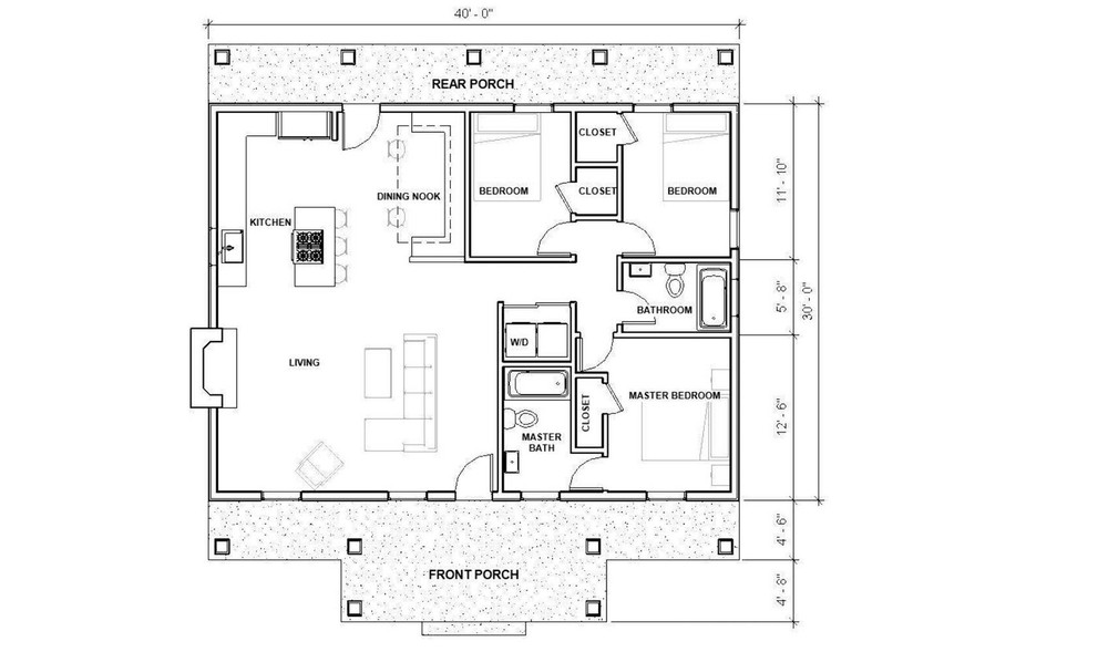 Cottage 3 bed 2 bath (40’x30′) Custom House Plans and Blueprints