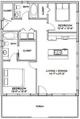 28×34 House — 2 Bedroom 2 Bath — 952 sq ft — PDF Floor Plan — Model 1E