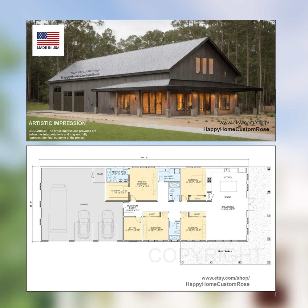Brentwood Barn Barndominium House Plan – 100×36, 2310 SF, 4 Bed 3 Bath with 3-Ca