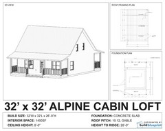32 x 32 Alpine Cabin w/ Loft Architectural & Construction Plans – PDF Download