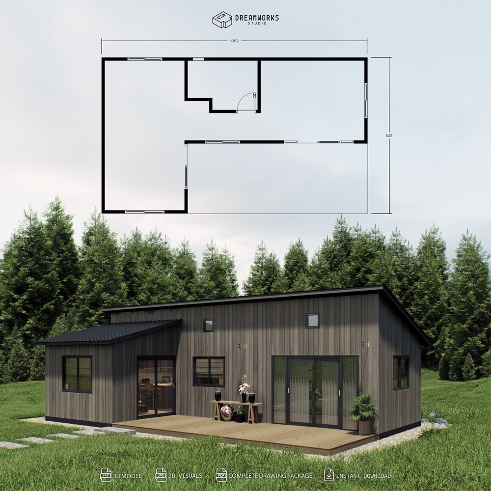 Modern Tiny House Plan | 1-Bedroom Scandinavian Cabin ( Digital Download )