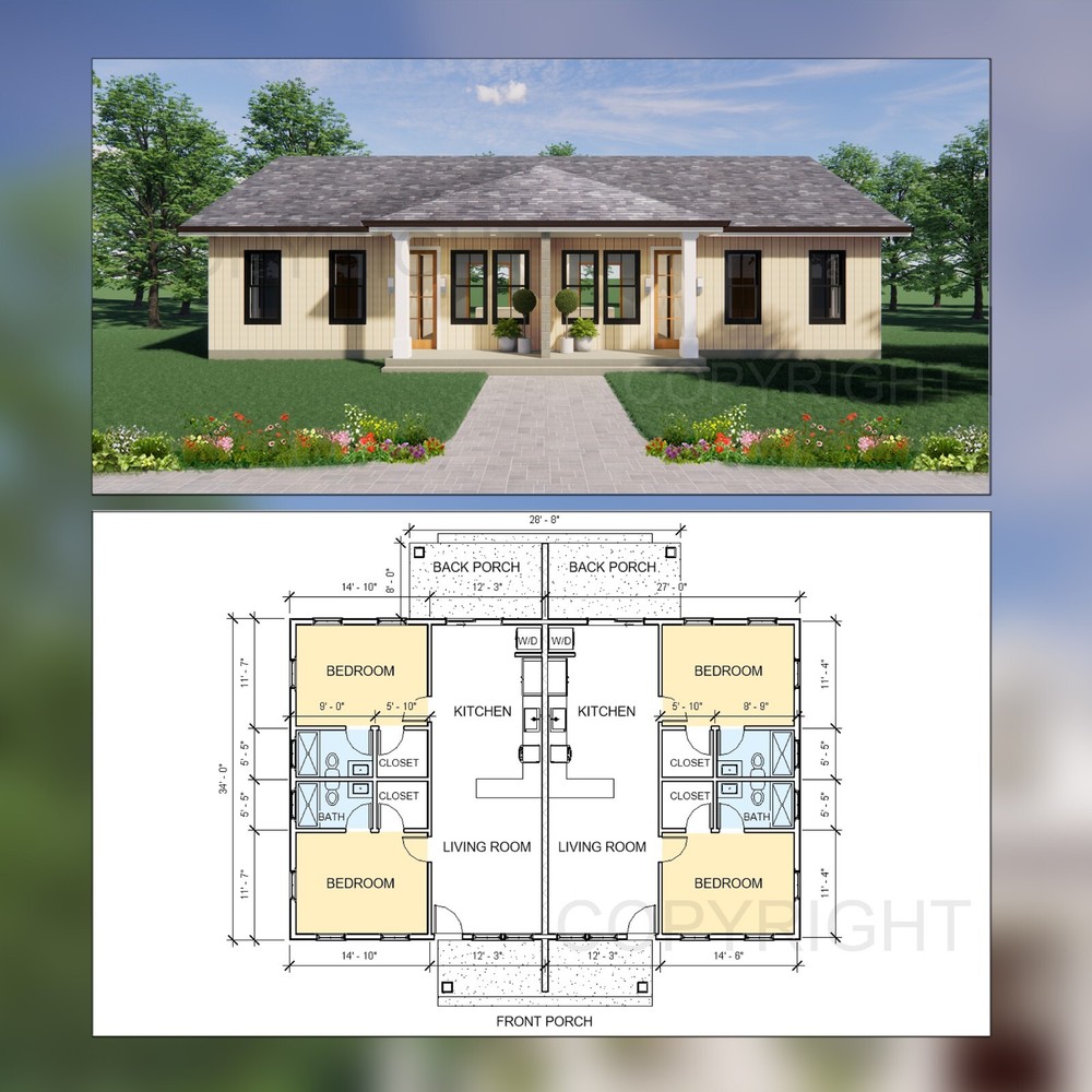 Duplex Investment Rental Plan – 2 Bed 2 bath – 1820 SF – Drawings Blueprints