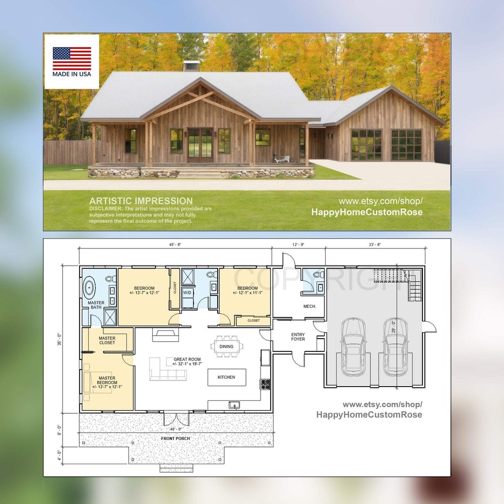 Cypress Barndominium – 82′ x 35′ House Plan Design – 3 Bed 2.5 Bath 1870 SF – Dr