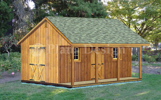 20′ X 20′ Shed with Covered Porch, Cottage / Cabin Building Plans # P52020