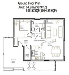 3-Bedroom House Floor Plans with 3D renders-1206SQF/112m2 Single bathroom