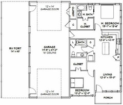 46×48 House – 2 Bedroom 2 Bath 1 RV – 1,157 sqft – PDF Floor Plan – Model 1B