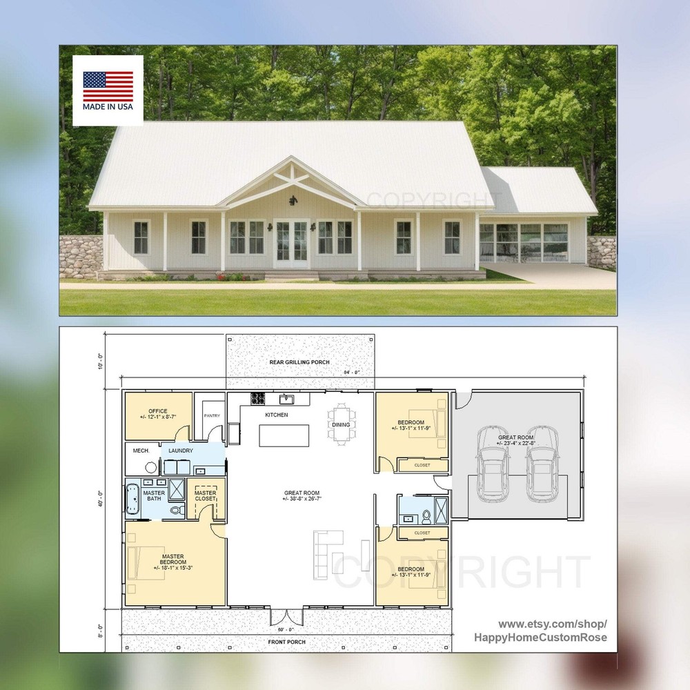 Farmhouse Barndominium – 40′ x 60′ House Plan Design – 3 Bed 2 Bath – Drawings B