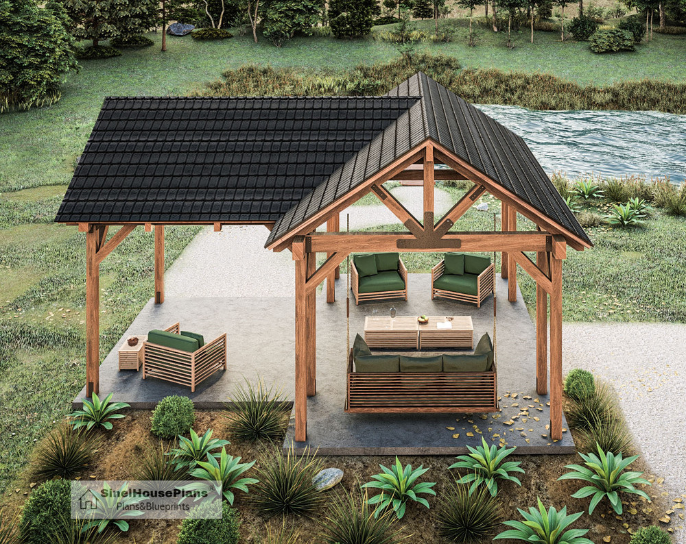 3-Gable Timber Frame Pavilion Plan, Outdoor Living Space Gazebo Blueprints