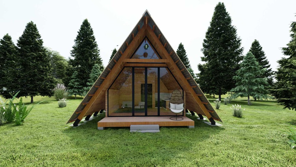 19’-6’’ x 14’-0’’ Modern A–Frame Cabin Plan with 3D Images