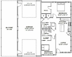 46×48 House – 2 Bedroom 2 Bath 1 RV – 1,157 sqft – PDF Floor Plan – Model 4E