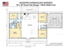 Farmhouse Barndominium – 40′ x 60′ House Plan Design – 3 Bed 2 Bath – Drawings B