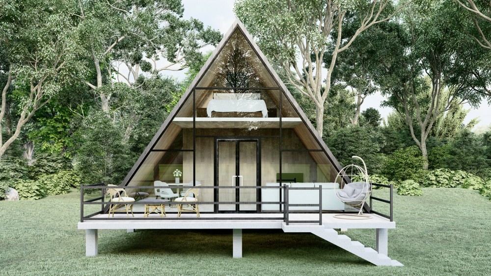 Modern A-Frame Cabin House Plan With 3D Images And PDF For Blueprint Plans