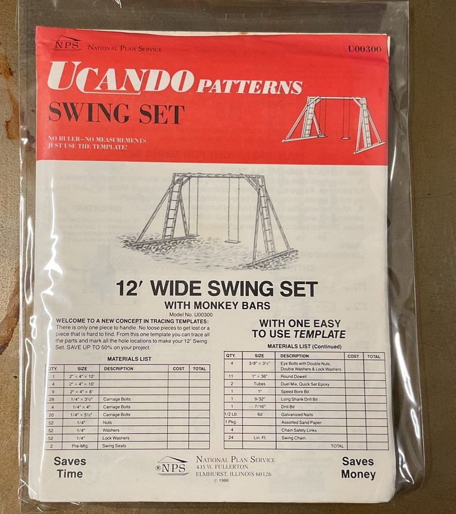 UCANDO U00300 12’ Wide Swing Set W/Monkey Bars Plans Rebagged With Material List