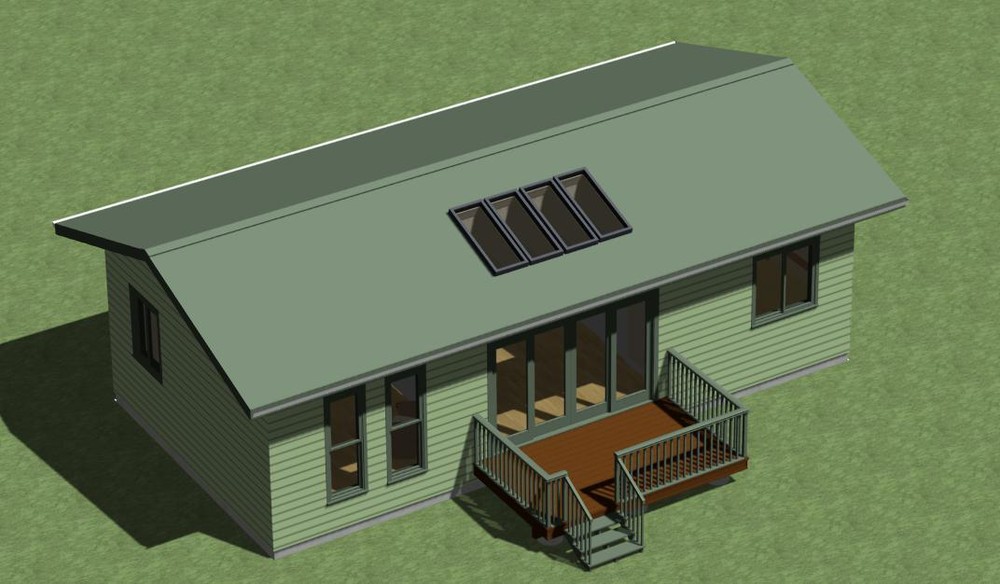 Small Home Construction Plans 648 sq.ft. with outdoor deck and sunroom.