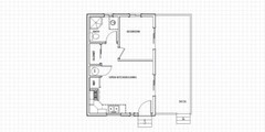 ADU PLANS 384 square feet with one bedroom and outdoor deck.