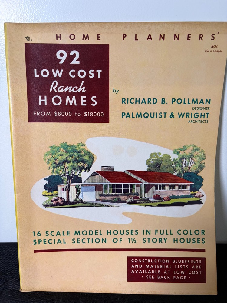 1955 Home Planners 92 Low Cost Ranch Homes Book Mid Century Modern Plans