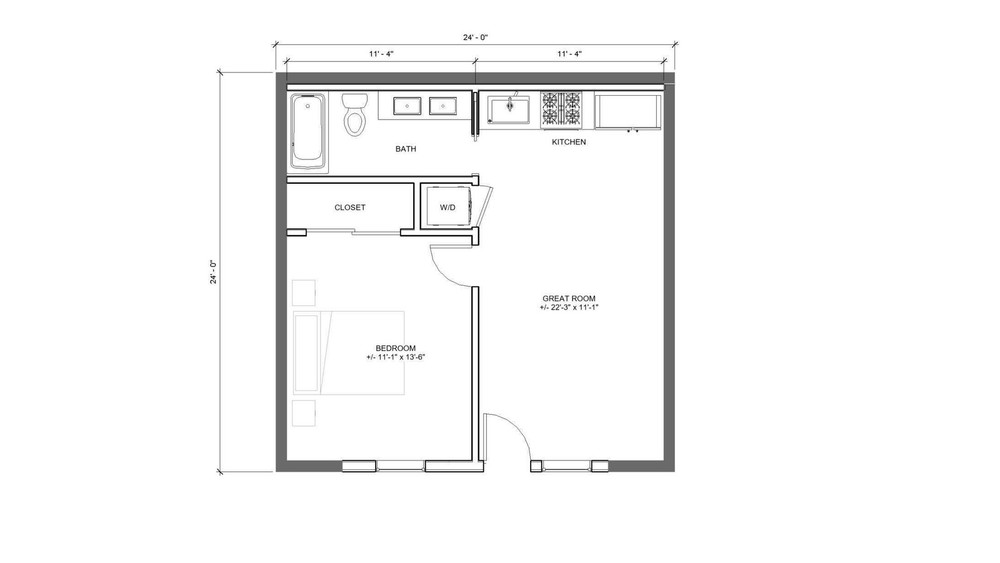 Modern Garage ADU 1 bed 1 bath (24’x24′) 576 SF – Affordable Custom House Plans