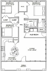 30×40 House — 3 Bedroom 2 Bath — 1,200 sq ft — PDF Floor Plan — Model 3C