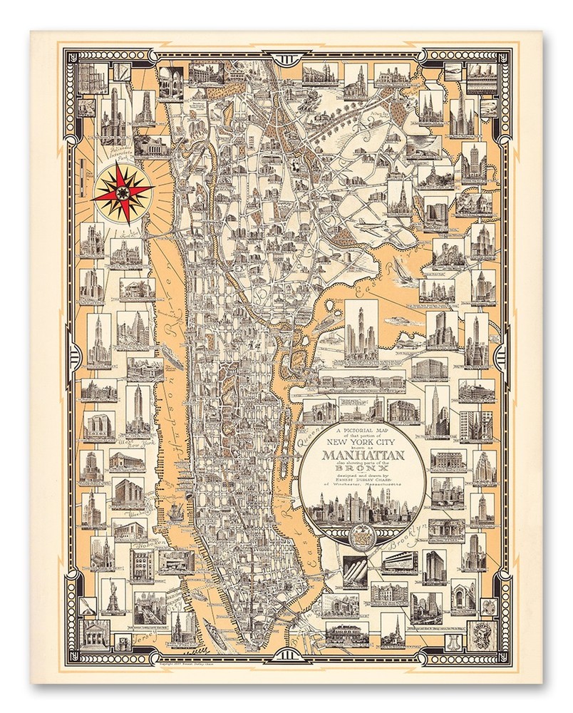 1939 Pictorial Map of Manhattan New York City Art Deco Print