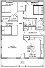 30×40 House — 3 Bedroom 2 Bath — 1,200 sq ft — PDF Floor Plan — Model 2C