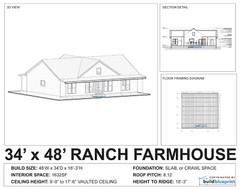 34×48 Modern Farmhouse Custom Architectural Ranch HouPlans 1632SF – PDF Download