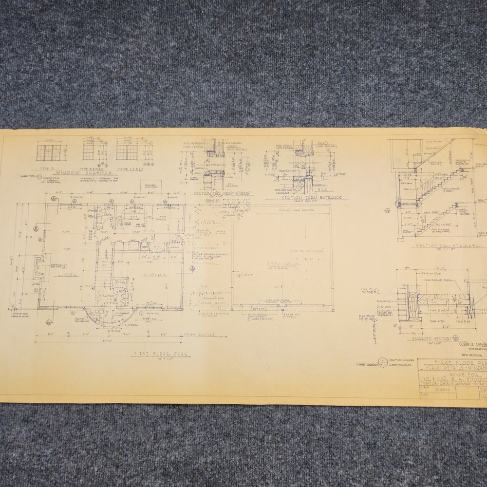 Vintage House Blueprint 33×17 1964 Mid Century Modern Drawing Art Glen Ellyn IL