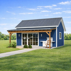 Pool Houses & Cabanas Plans- Backyard Shed with Covered Porch Blueprints