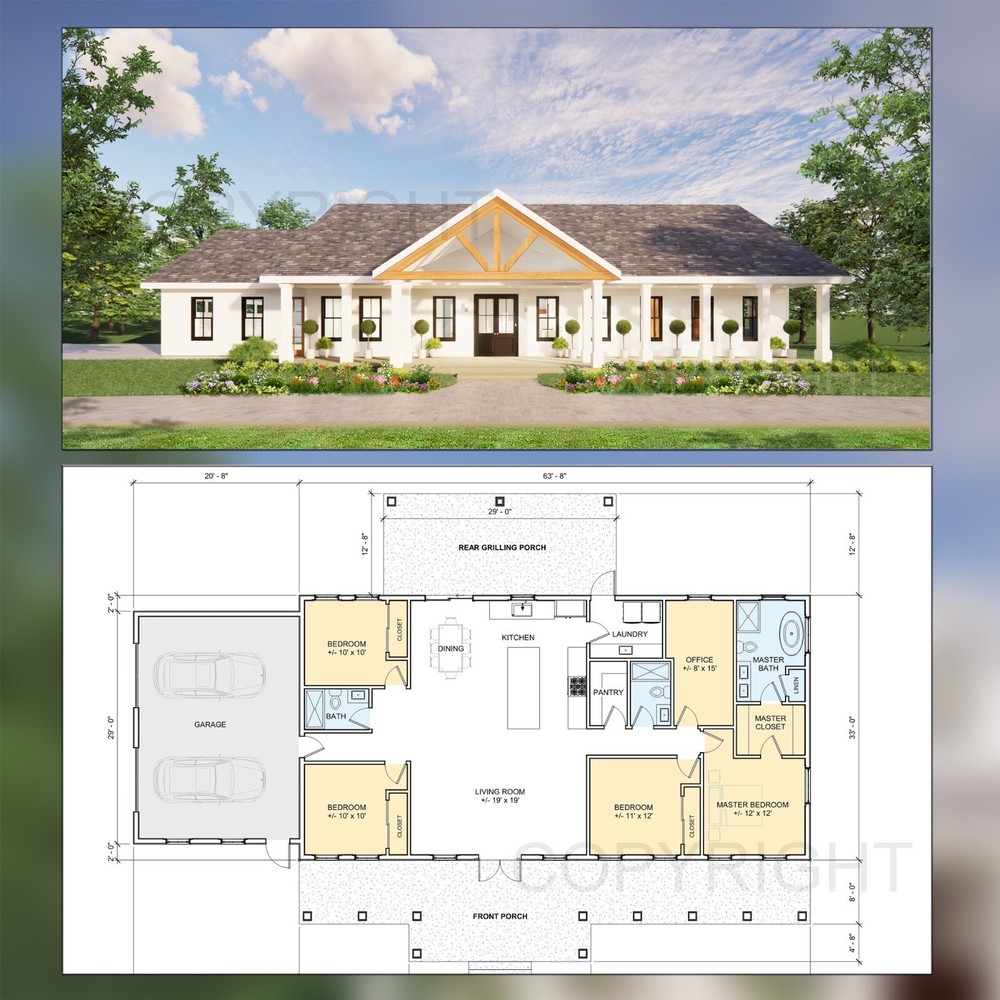 Barndominium House Plan Design 2100 SF 4 Bed 3 Bath Garage – Drawings Blueprints