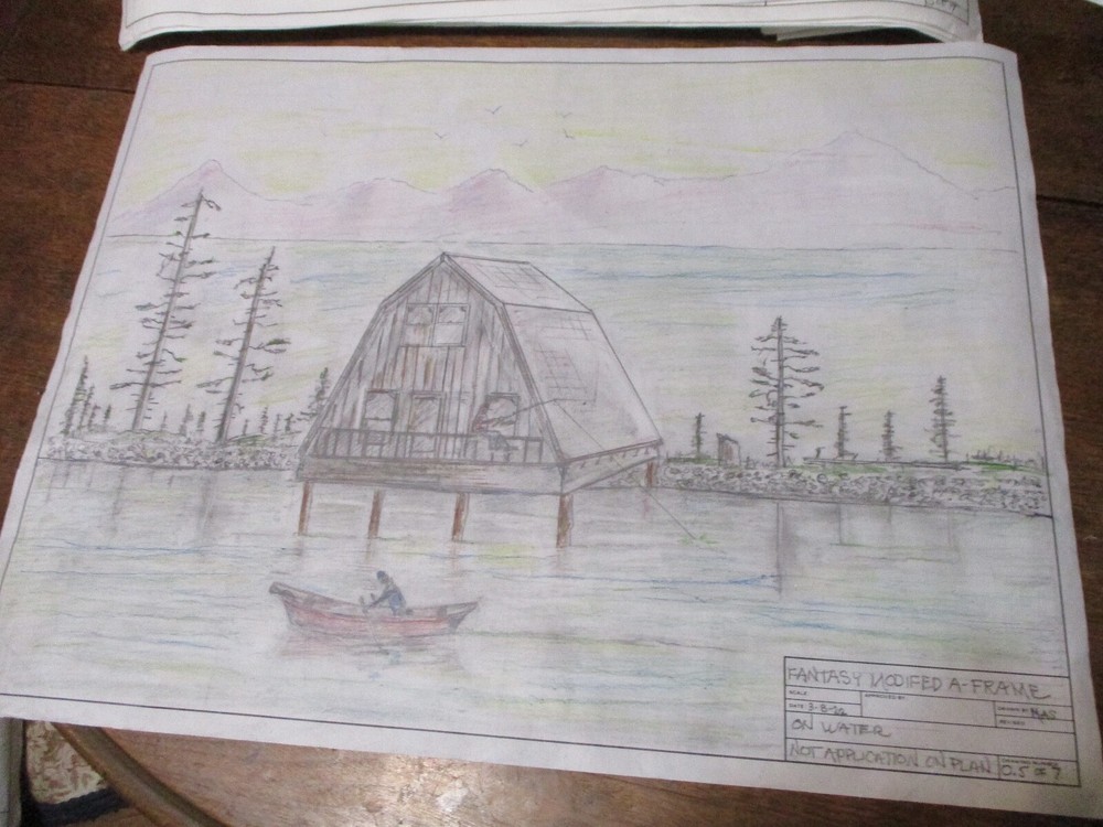 MODIFIED A-FRAME CABIN PLANS HAND-DRAWN ARCH COPIES 1400 SQ FT . HOBBY ROOM.