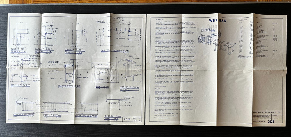 National Plan Service WET BAR #2028 Vintage 1970’s Building Plans COMPLETE!